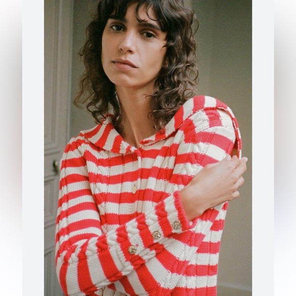 Zara Striped Cable Knit Cardigan Large - Picture 2 of 10